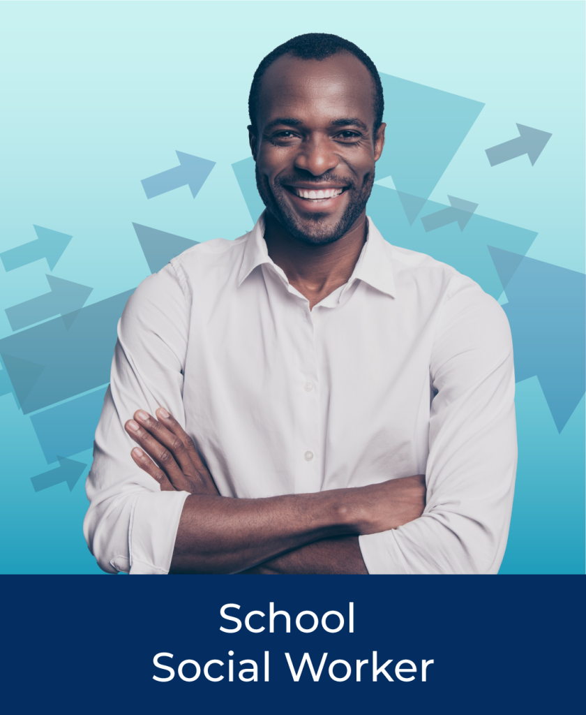 Smiling African American male in a cream button down shirt with his arms crossed. Light blue background with repeating arrows. Text on the bottom stating School Social Worker. Special Education Field.