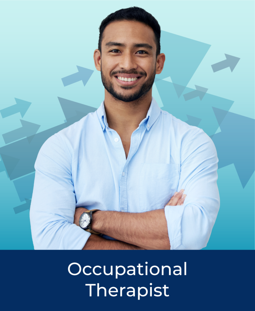 Smiling latino male wearing a blue button shirt. Special Education Occupational Therapist