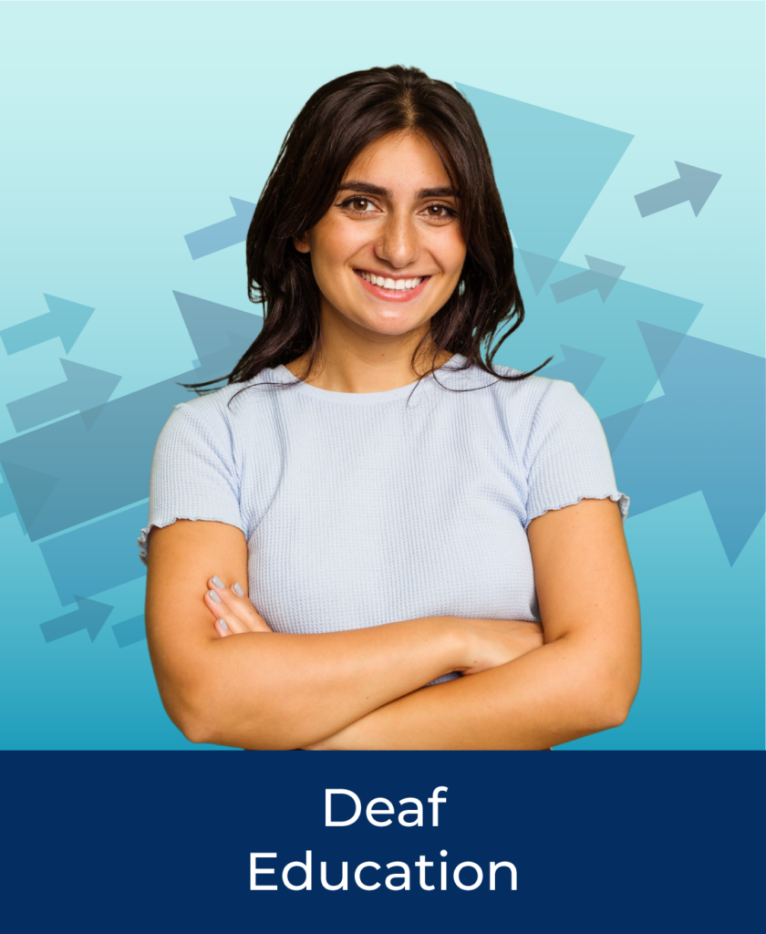 Smiling young middle eastern woman with her arms crossed. Text on image stating "Deaf Education"