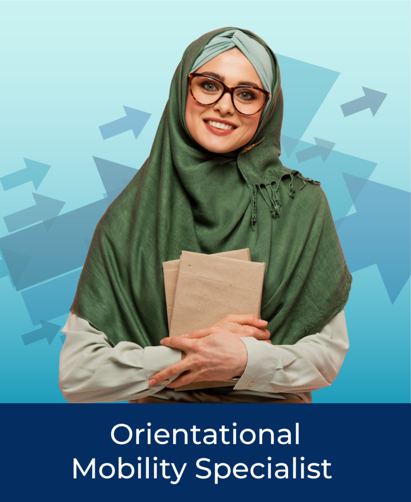Smiling young muslim woman with her arms crossed. Text on image stating "Orientational Mobility Specialist"