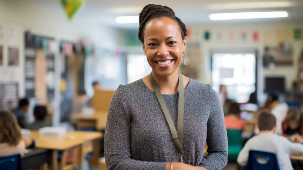 Confident special education teacher smiling in a classroom with students working in the background.